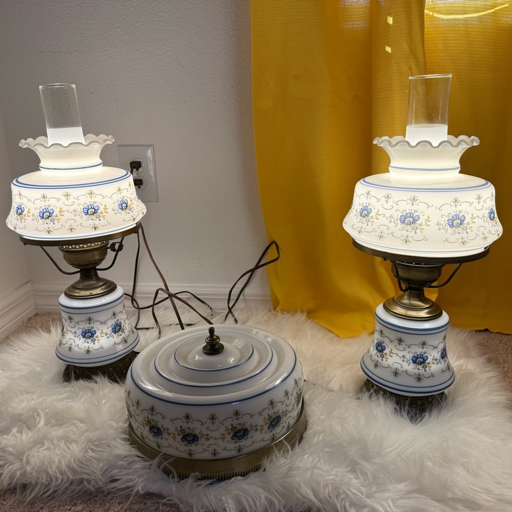 Vintage Floral Table Lamp Set with ceiling light 3 pc set